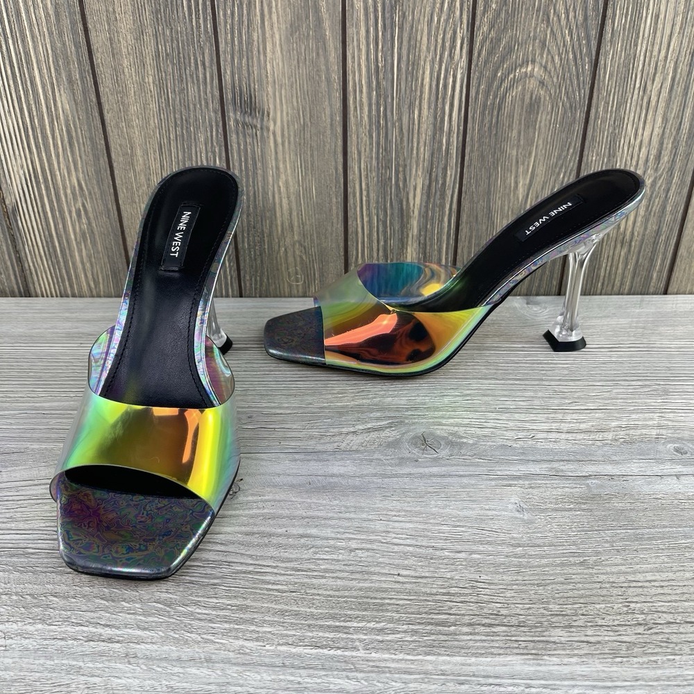 Nine West Holographic Clear Heel Mule Sandals Square Toe Rainbow Women's Size:10 - Picture 5 of 16